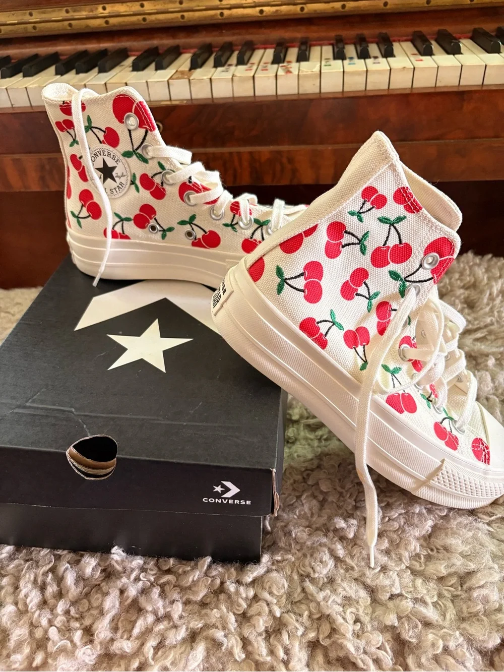Converse Kids High Top Sneakers in White with Red Cherry Print